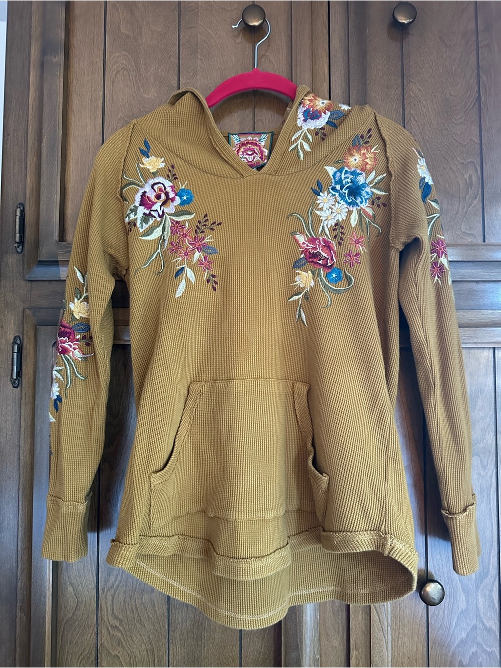 Johnny Was Mustard Floral Embroidered Cowl-Neck Sweater